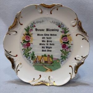 Vintage 1960s Japanese House Blessing Decorative Floral Porcelain Wall Plaque